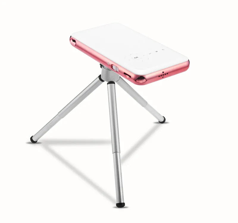 M6S miniature portable Android DLP projector in white and rose gold colours showing compact 145mm size