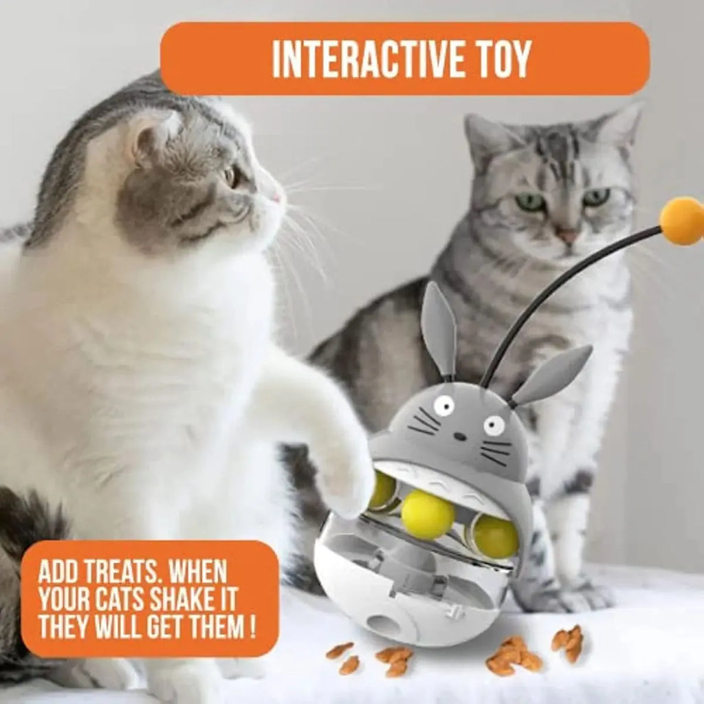 Interactive cat feeder toy in car shape with treat dispenser and sounding bell, available in brown, gray, pink, and white