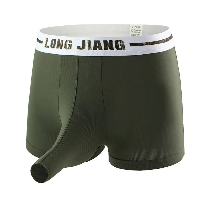 Men's Ice Silk thin trunk open boxer shorts in a selection of colours including army green, black, and white.