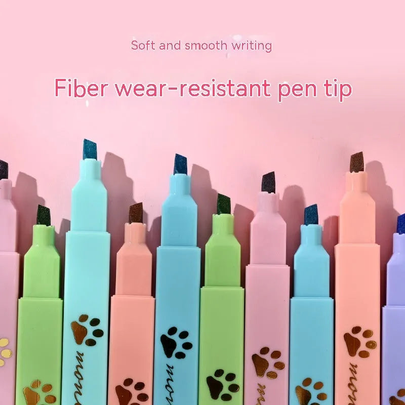 Cat's Paw brand set of six fluorescent marker pens with oblique nibs in a box.