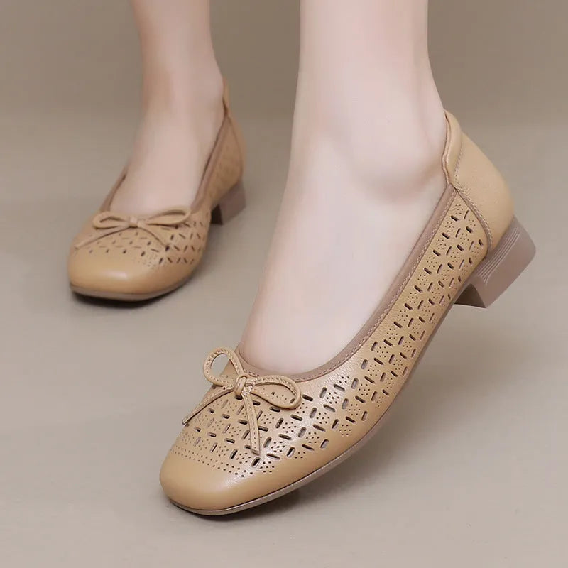 Summer genuine leather breathable low-cut women's shoes in black with rubber sole