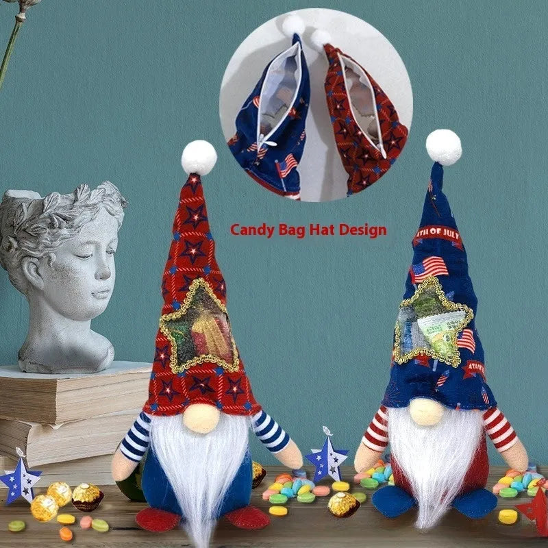 Two matching red and white faceless Rudolf suit doll candy bag Christmas ornaments hanging.