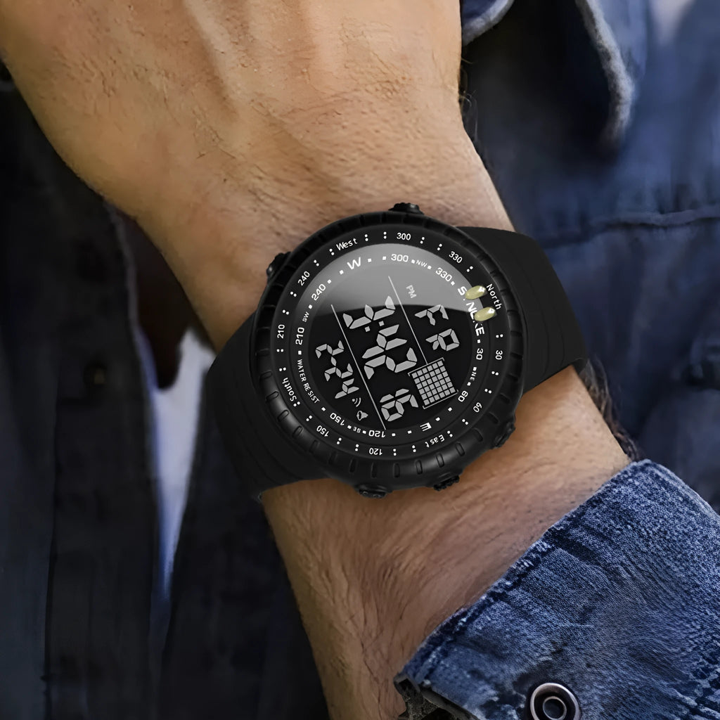 Black men's waterproof digital outdoor watch with large dial on a PU strap.