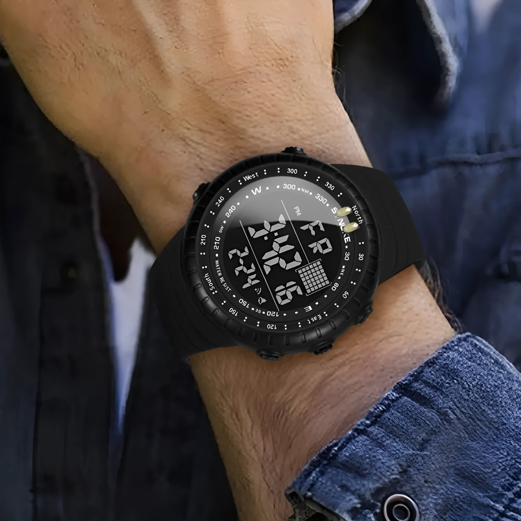 Black men's waterproof digital outdoor watch with large dial on a PU strap.