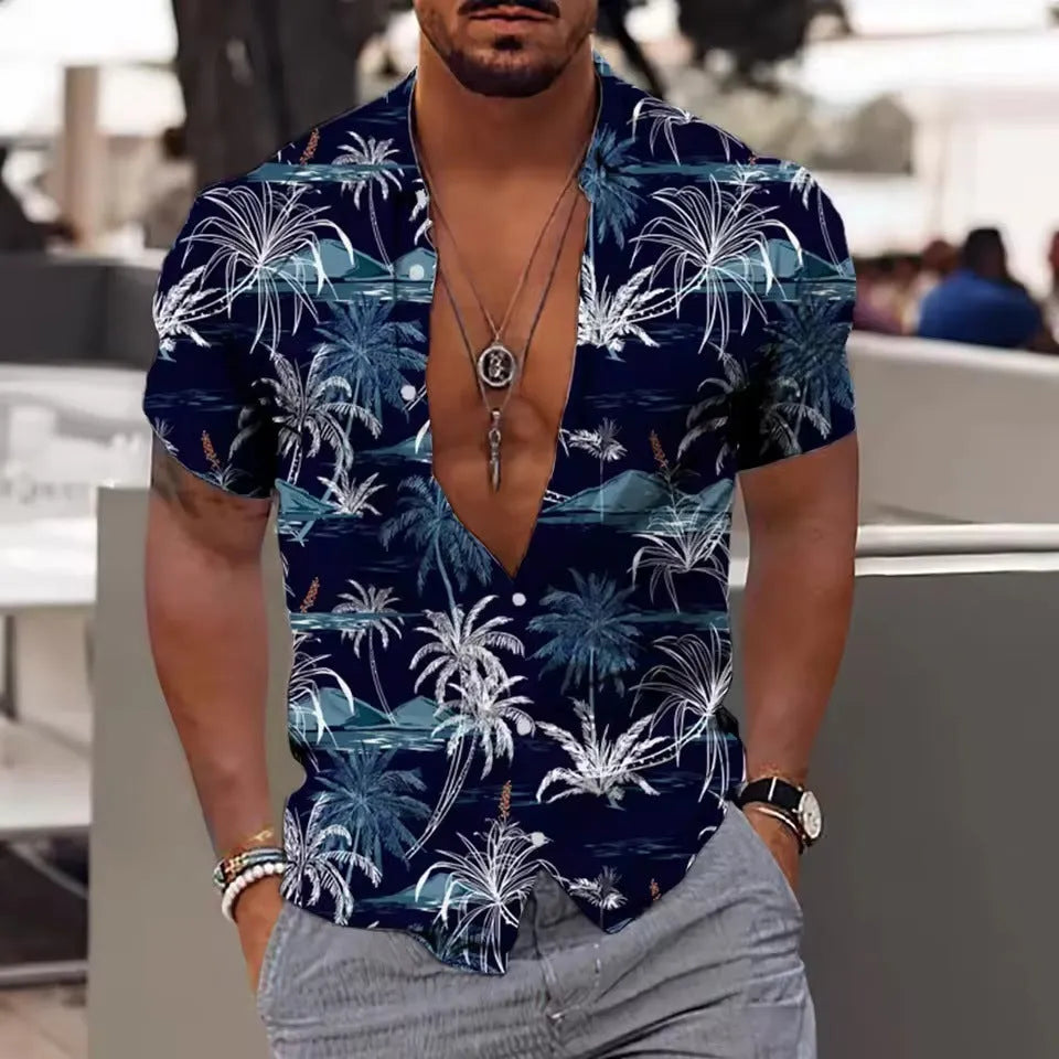 Man wearing a loose-fit floral print short sleeve cardigan shirt in a summer setting.