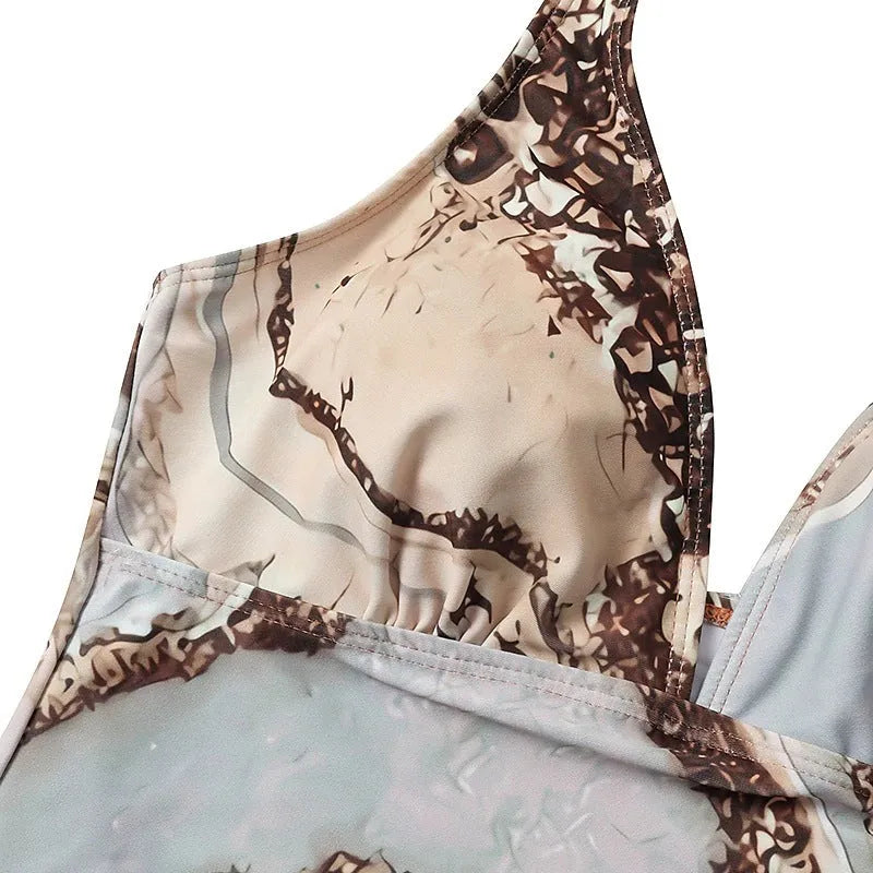 Brown women's polyester bikini set for swimming, showing top and bottom pieces