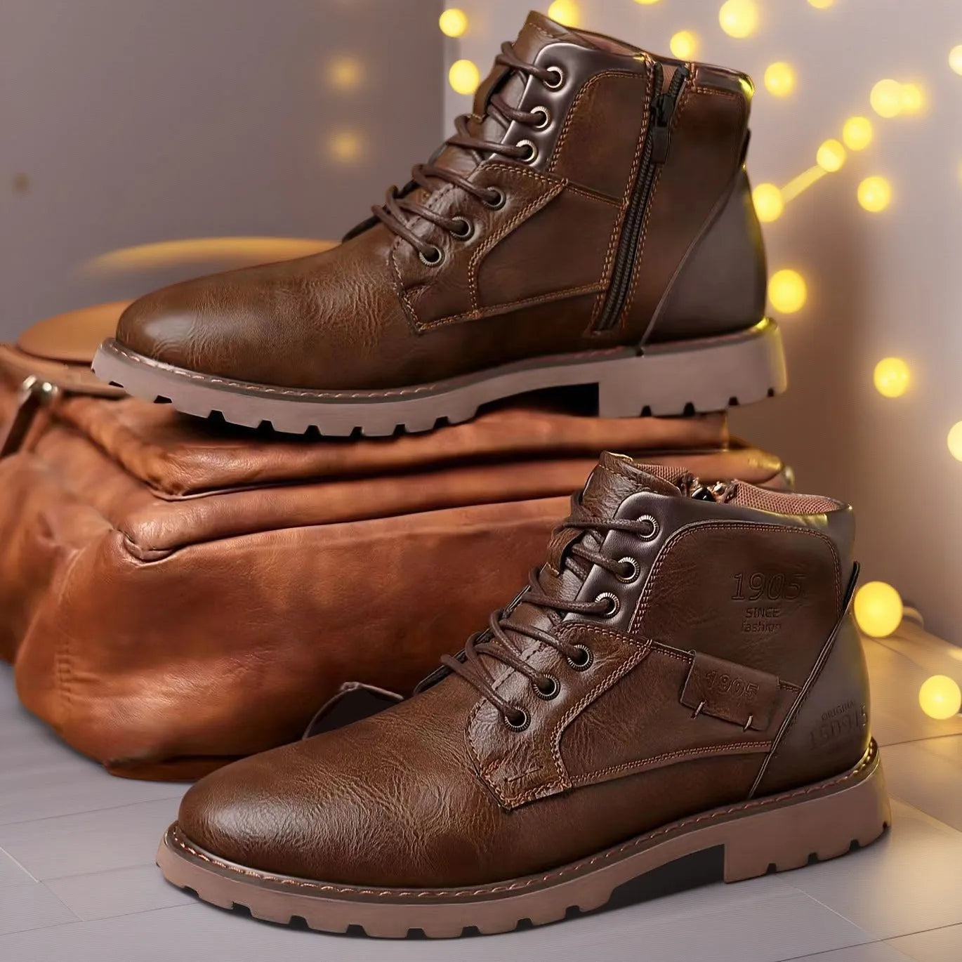 Men's brown casual ankle boot with a side zip and round toe on a rubber sole.