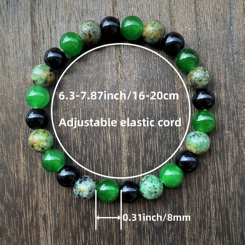 Unisex handmade bracelet with 8mm artificial crystal beads in green onyx and obsidian style colour AL-0293