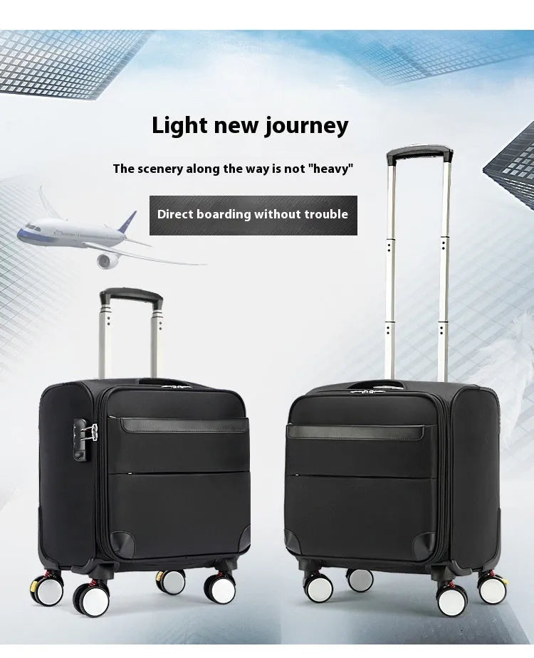 Black 18-inch Oxford cloth carry-on suitcase with retractable handle and four spinner wheels on a neutral background.