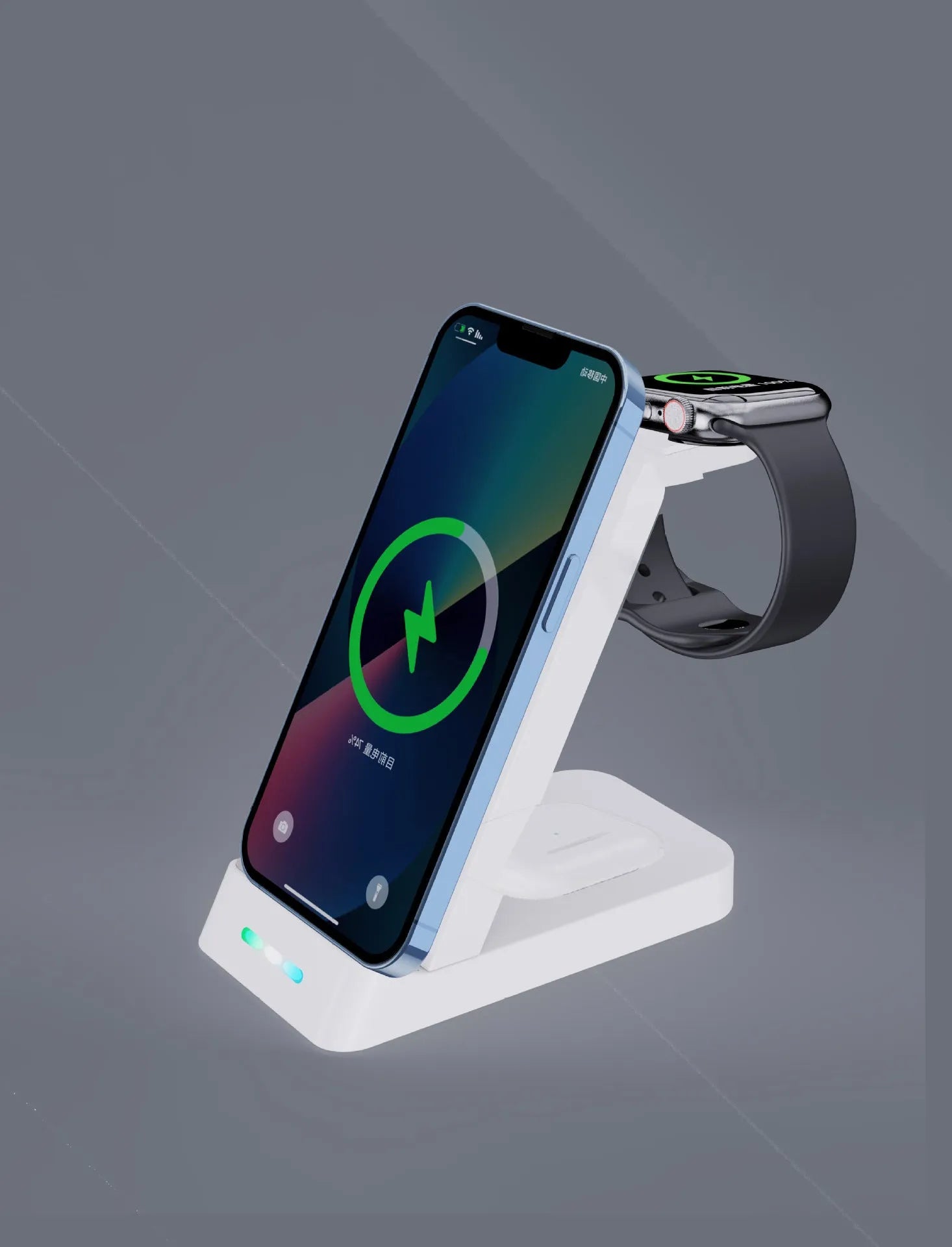 Black 3-in-1 wireless charging station showing a phone, Apple Watch, and AirPods case charging on a compact stand.