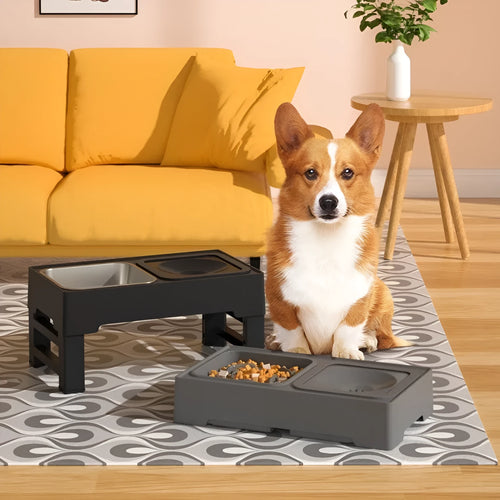 Adjustable height black dog feeding stand with two stainless steel bowls on non-slip base