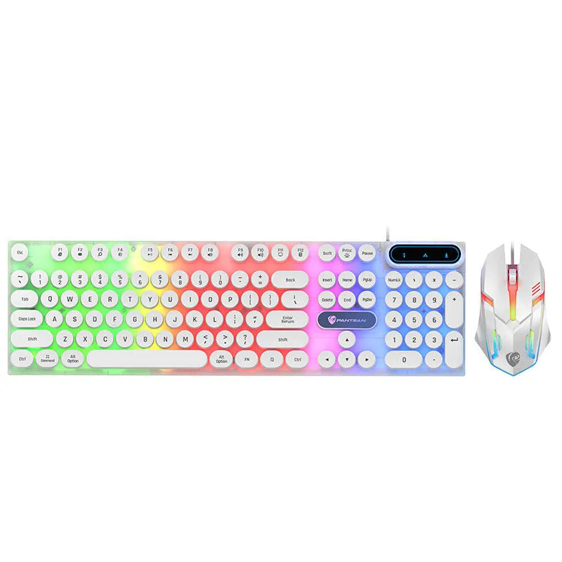 Desktop computer wired keyboard and mouse set, black, with USB cable on desk