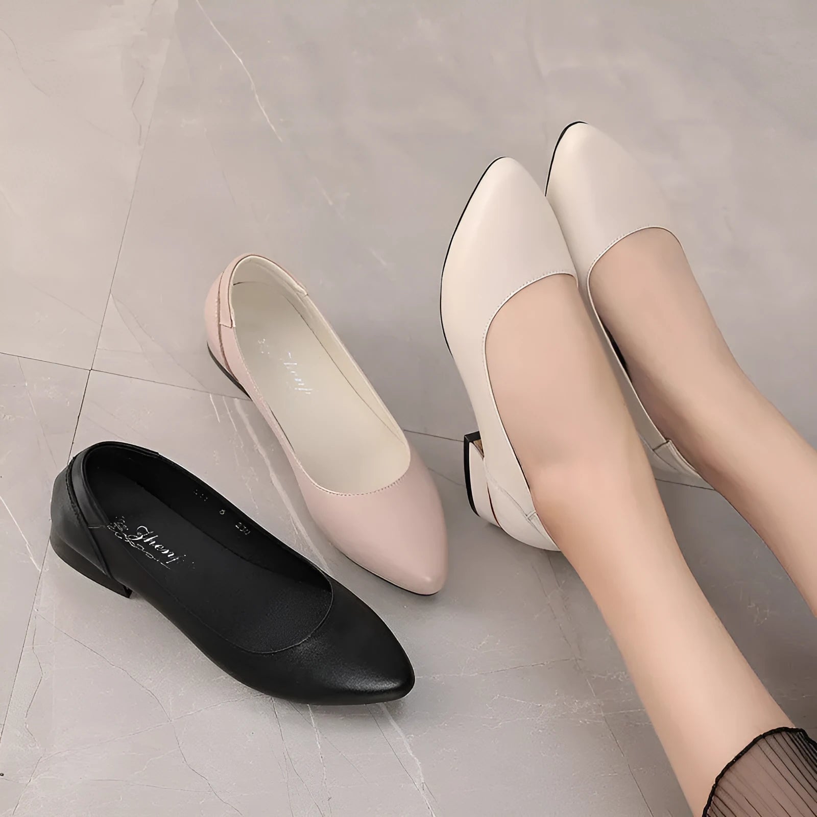 Women's beige cowhide casual shoes with buckle fastening and pointed toe design