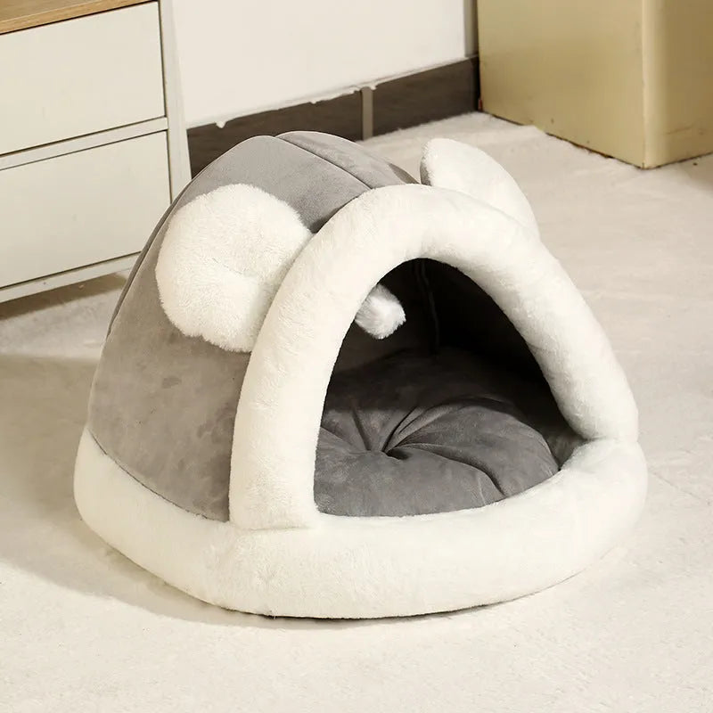 Self-warming fleece pet tent cave bed for cats and small dogs in coffee colour