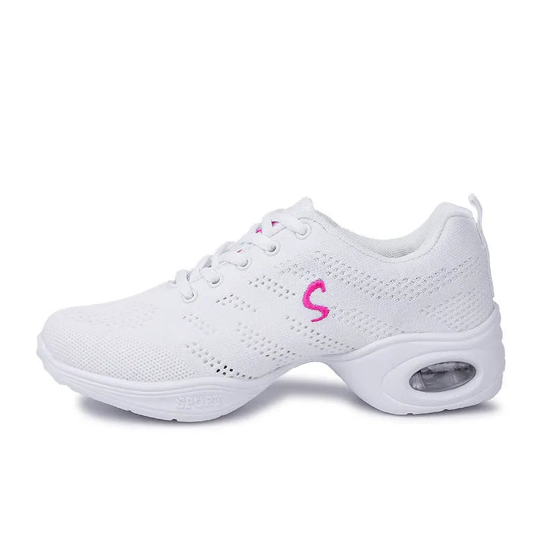 Women's breathable Flyknit mesh dance shoes in multiple colours with a soft PU sole.