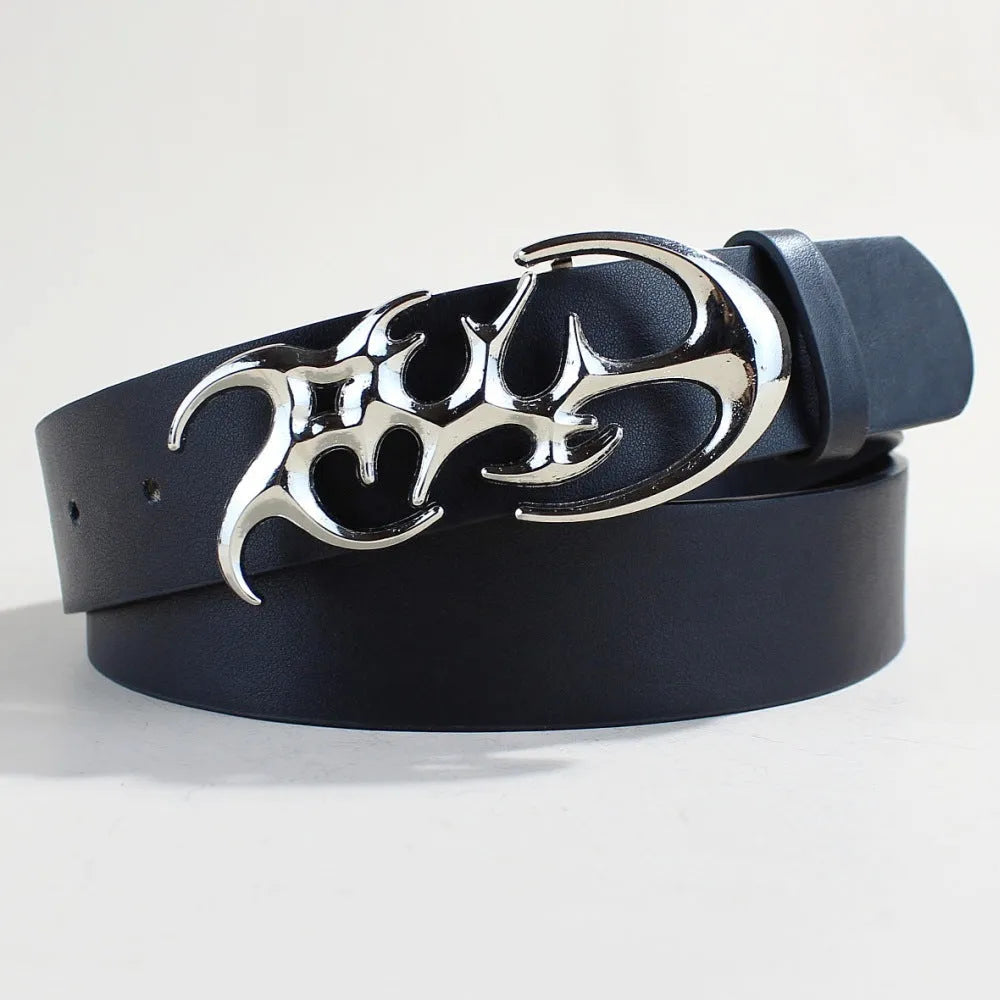 Casual silver buckle PU leather belt showing 3.3cm width and snap button fastening