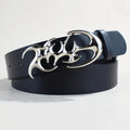 Casual silver buckle PU leather belt showing 3.3cm width and snap button fastening