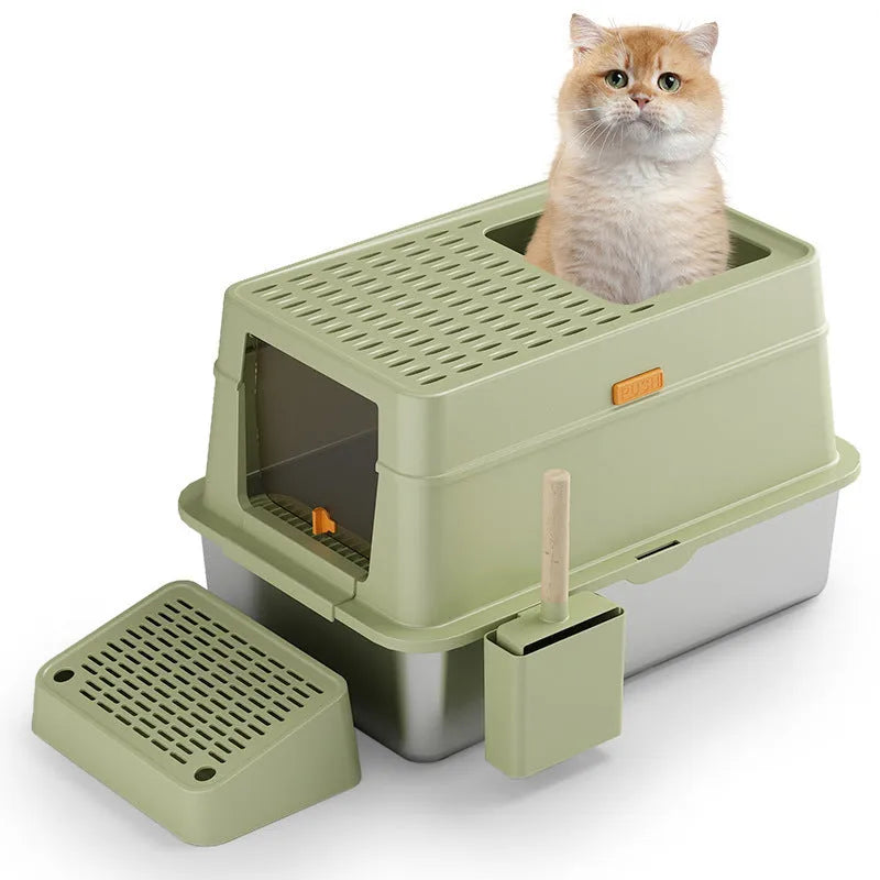 Grey stainless steel enclosed cat toilet with pedal mechanism for indoor feline use