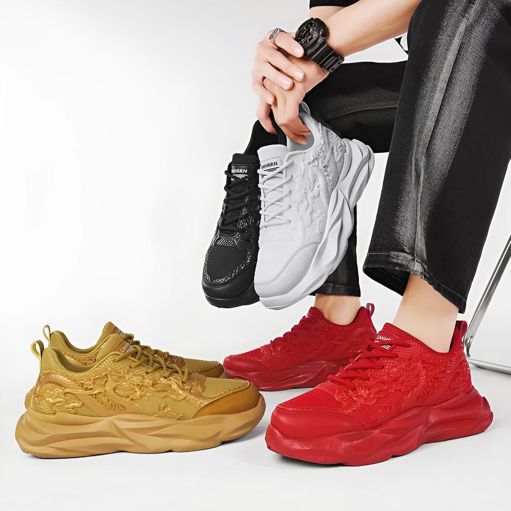Chinese dragon pattern fly knit casual sneakers with rubber soles in four colour options