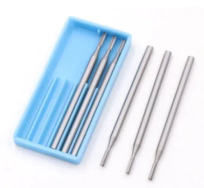 Blue box containing six tungsten steel carving cutters with thin disc needle shape and 2.35mm mandrels