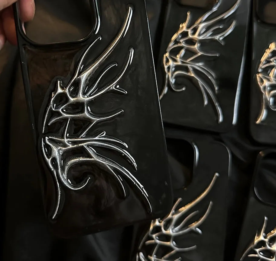 Black iPhone case with three-dimensional blooming wings design for anti-drop protection