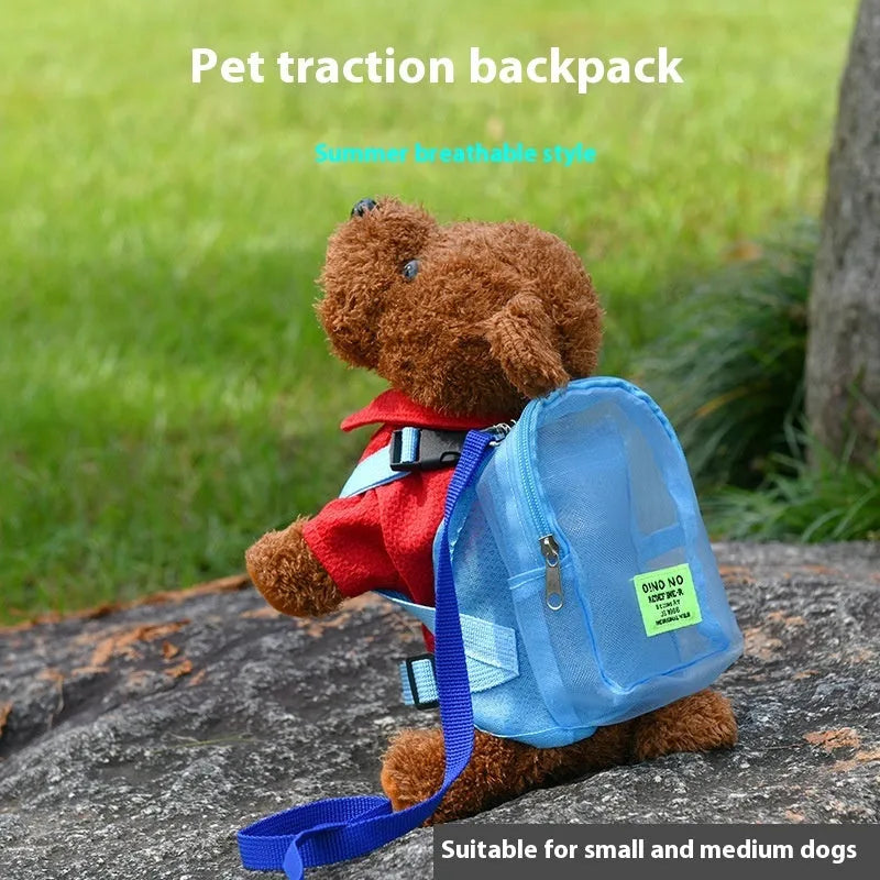 Polyester dog backpack in solid colour options including blue, purple, black, and dark grey