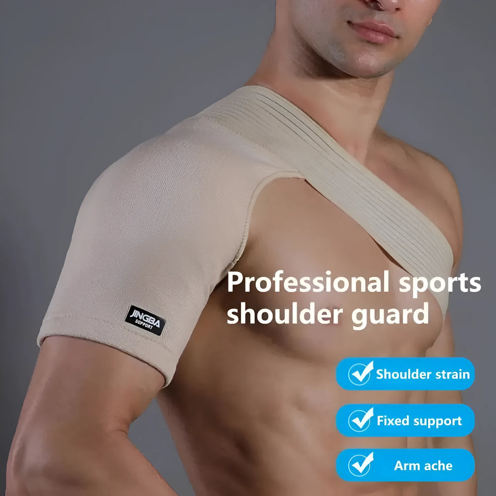Adjustable single-shoulder sports protective gear in skin colour for weightlifting and multi-sport use.