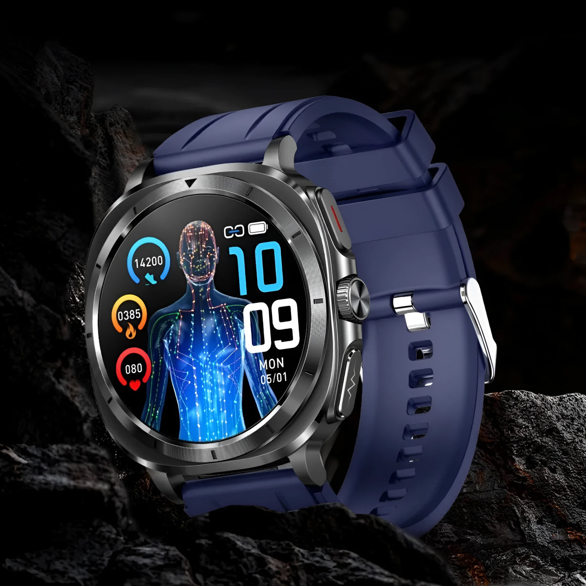 ECG Bluetooth Calling Sport Smart Watch with AMOLED screen and touch button, shown in black, blue, red and brown colour options.