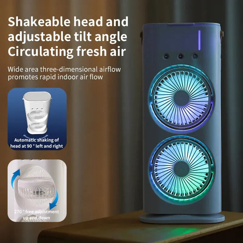 White portable humidifier fan with double heads, remote control, and USB cable