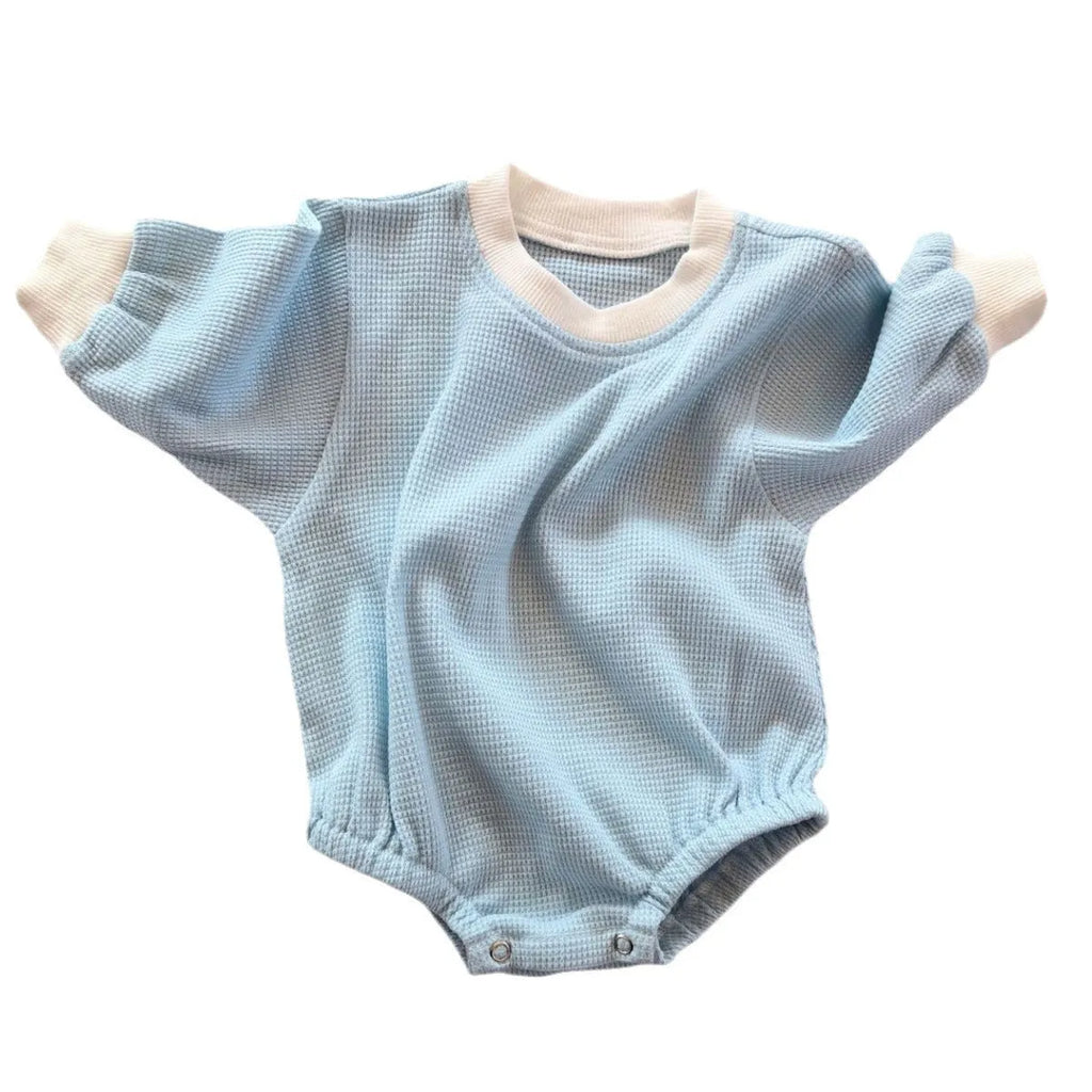 Baby waffle cotton loose triangle jumpsuit bodysuit in coral with hidden hook closure long sleeves