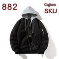 Loose-fitting black pilot jacket for plus-size wearers shown on a hanger.