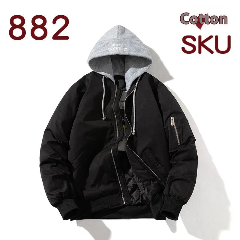 Loose-fitting black pilot jacket for plus-size wearers shown on a hanger.