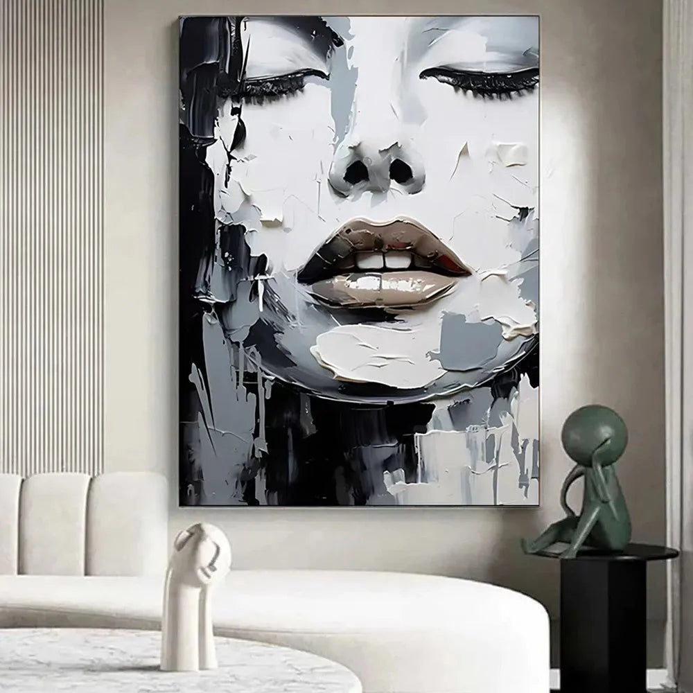 Handmade oil painting canvas black and white abstract knife painting portrait women home decor rolled frameless unstretched
