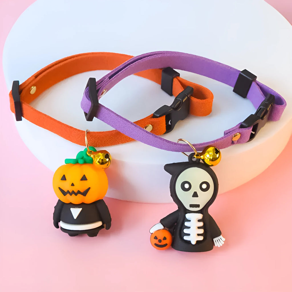 Halloween dog collar with luminous Pumpkin Man design, adjustable polyester strap.