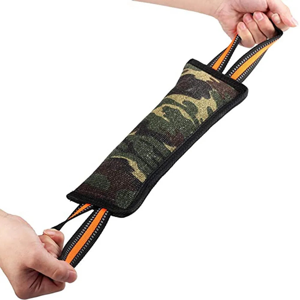 Reflective yellow-edged jute dog bite stick measuring approximately 55cm in length