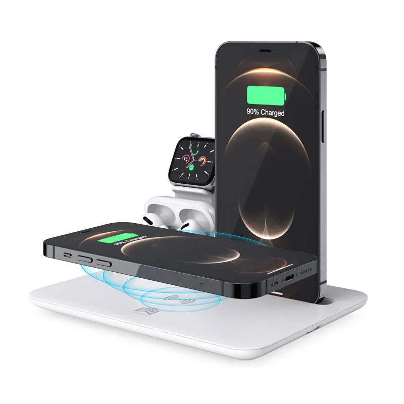 Black and white wireless charging desk stand holding a phone, smartwatch, and headphones.