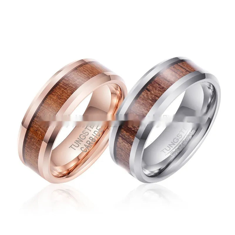 8mm wide U-shaped tungsten gold electroplated ring in rose gold or steel colour