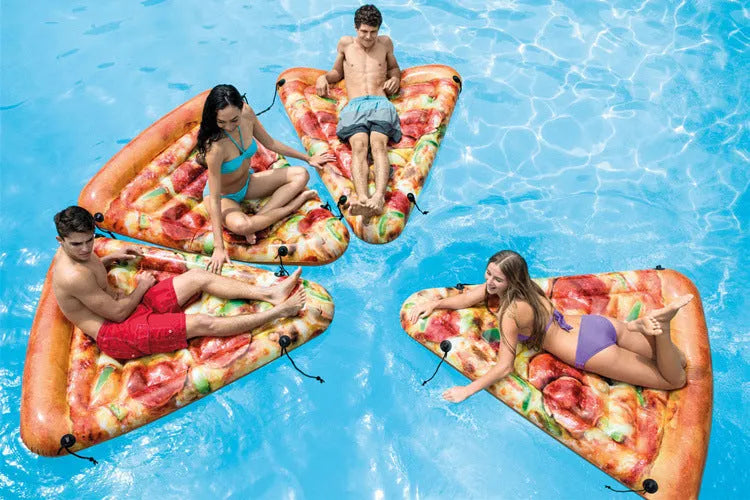 Large green and red pizza themed inflatable surfboard float on water