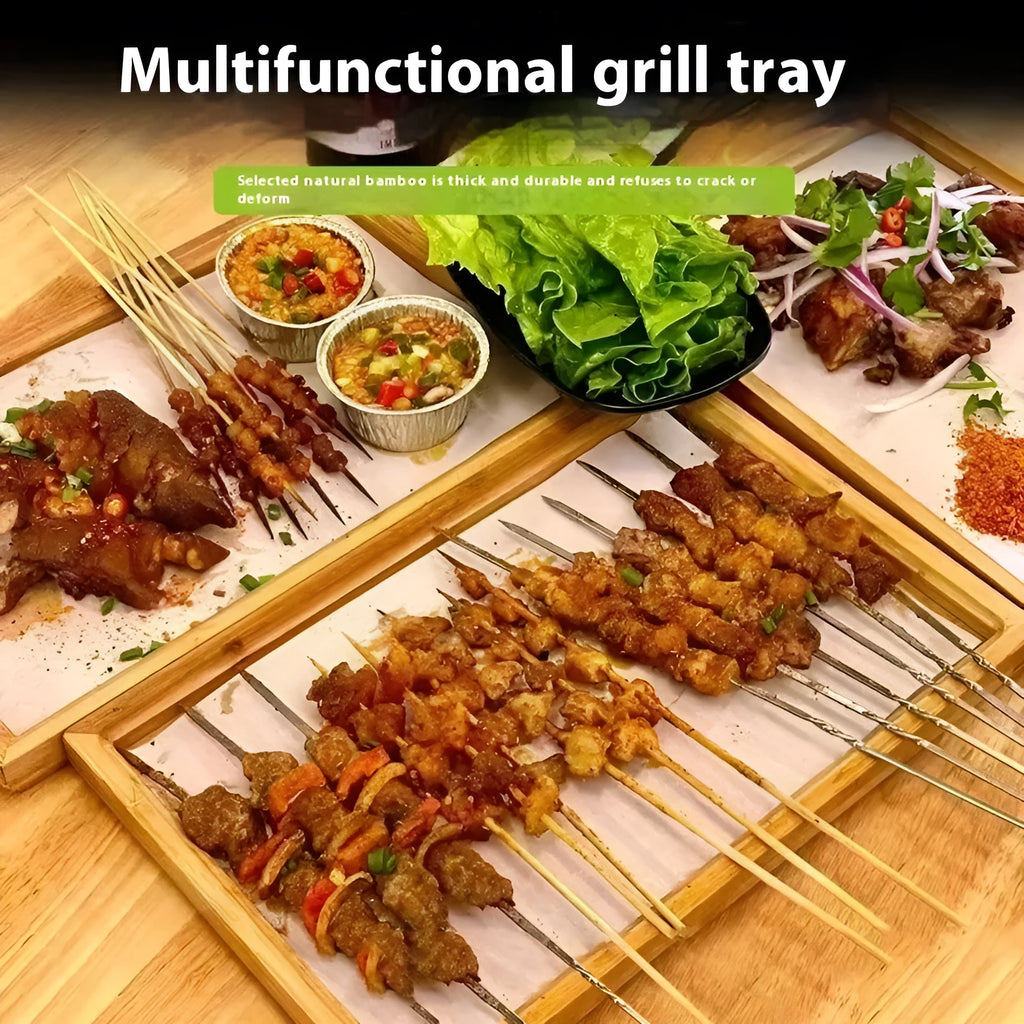 Brown handled bamboo serving tray in square shape for commercial barbecue and hospitality use