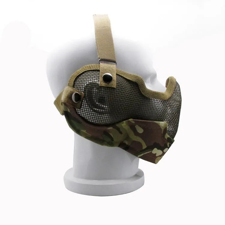 Carbon steel head-mounted net face mask in camouflage colour option.