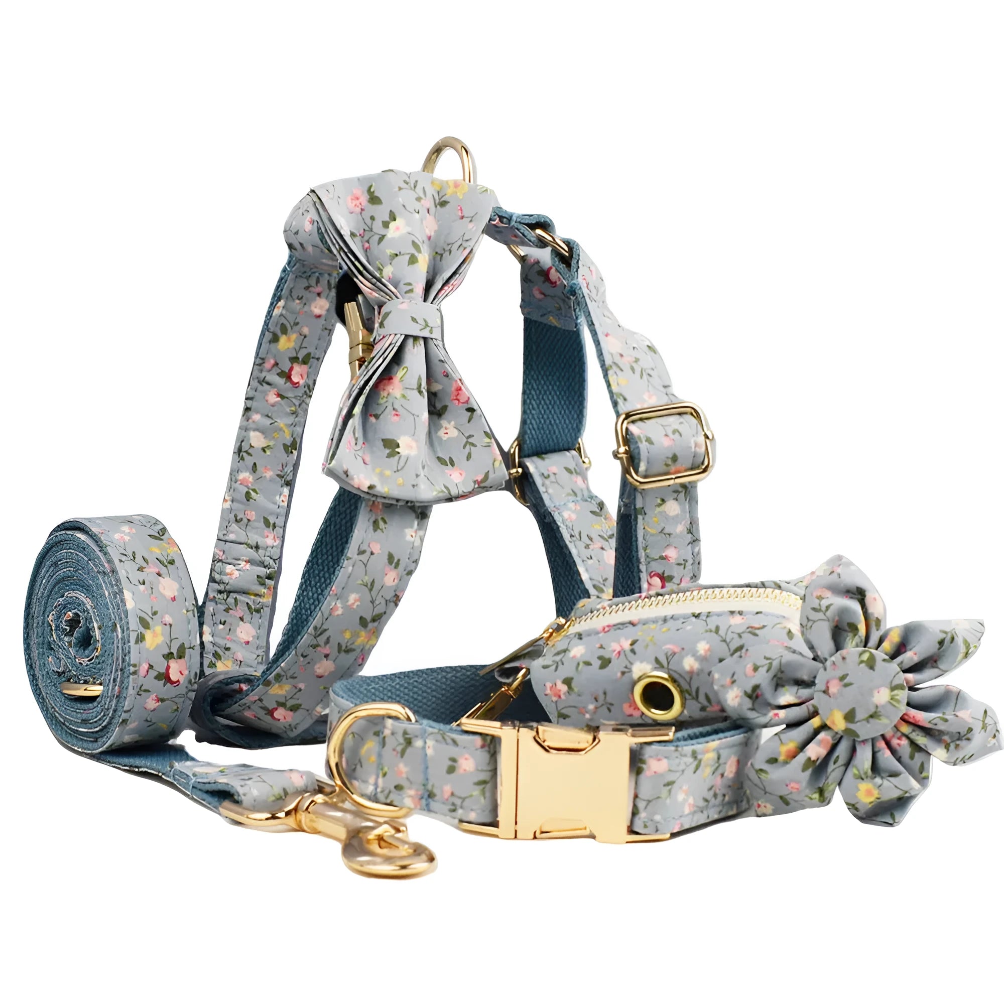 Floral print dog collar and leash set with matching bow, vest, and poop bag holder.
