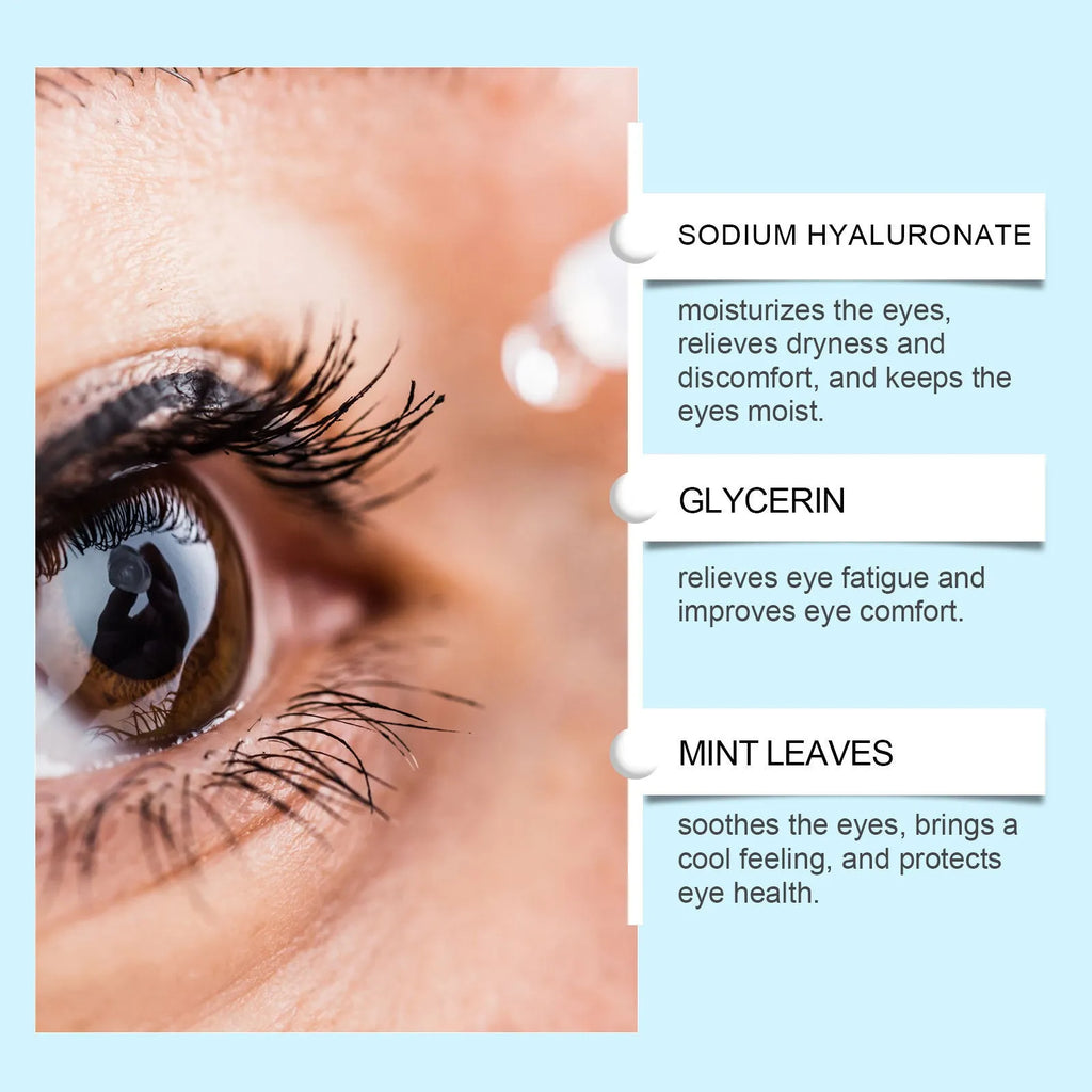 Moisturising eye drops bottle with mint leaf extract and sodium hyaluronate formula for dry eye relief