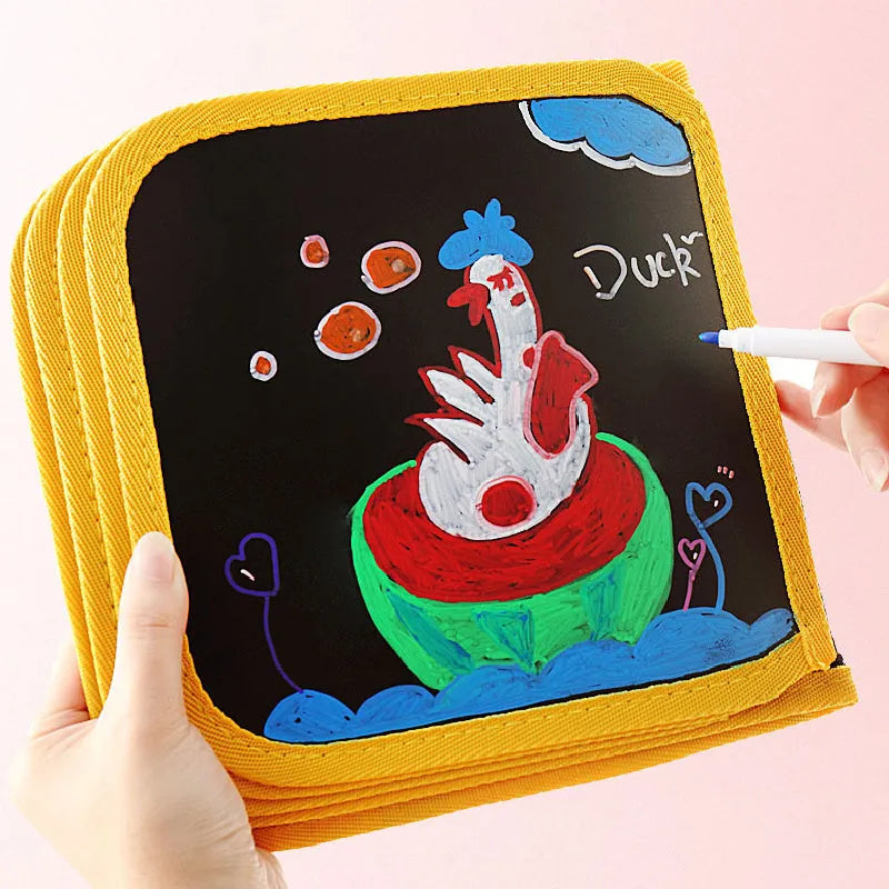 Children's portable drawing book with 12 watercolour pens and 2 wet wipes, non-toxic PVC, six pages, waterproof cover