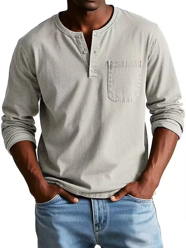 V-neck long-sleeved T-shirt with button design in solid colour, men's casual polyester pullover