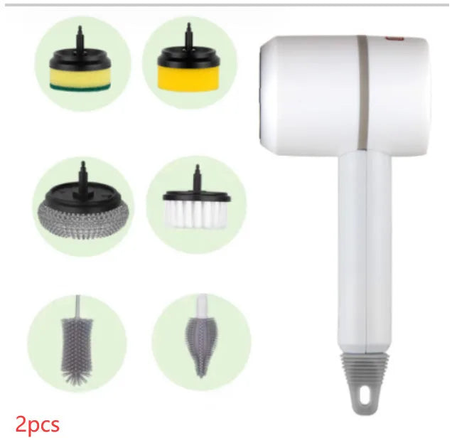 White electric cleaning brush with rotating scrub head and separate scouring pad attachment