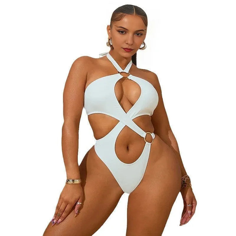 Women's sleeveless jumpsuit with back lace-up detail and shorts length in black, blue or white colour options