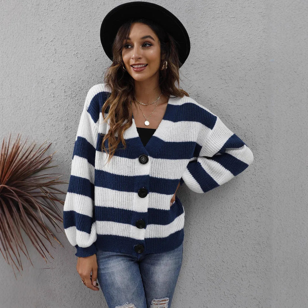 Blue striped women's cardigan sweater with button front and deer plush texture.