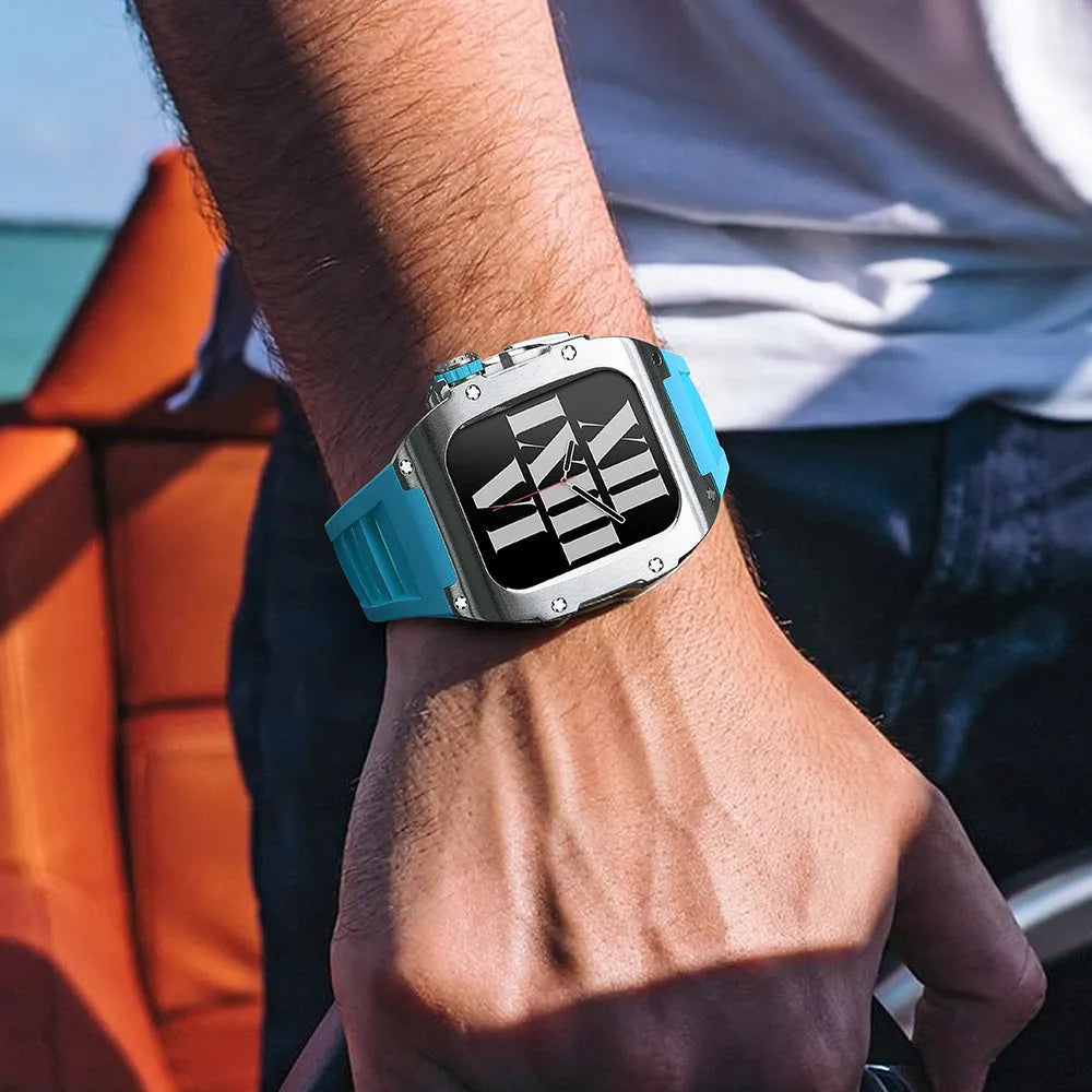 Alloy modified watch protective case for Apple Watch 44mm and 45mm in titanium alloy and fluorine rubber, shown in multiple colours.