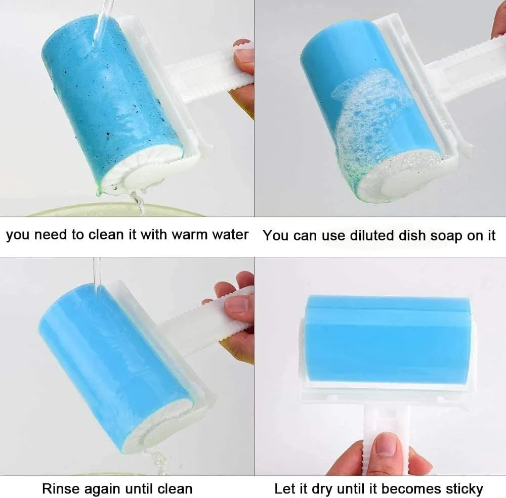 Blue washable reusable lint roller with protective cover for removing pet hair from clothes and furniture