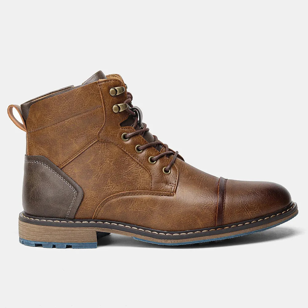 Men's high-top boots in light brown artificial PU with flat heel and lace-up front, sizes 39-50